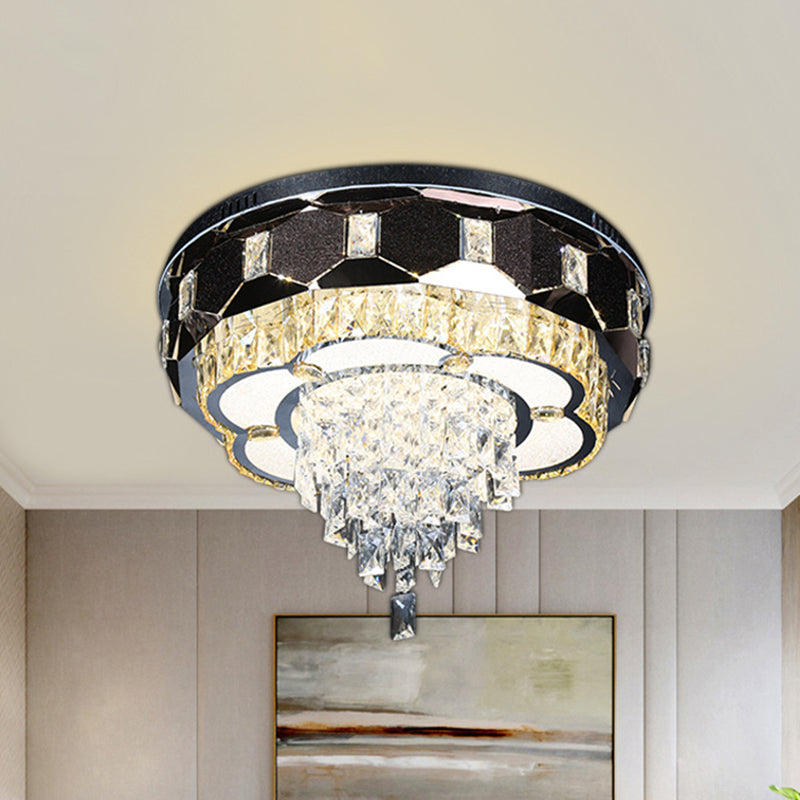 Modern Led Crystal Ceiling Light With Stainless Steel Finish And Floral Accent