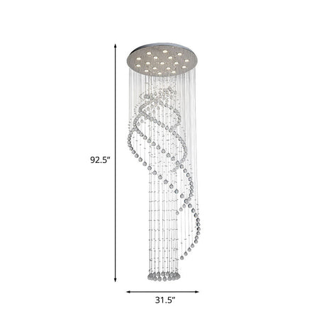 Spiral Crystal Cascading Pendant Light - Modern Led Chrome Lobby Ceiling Fixture