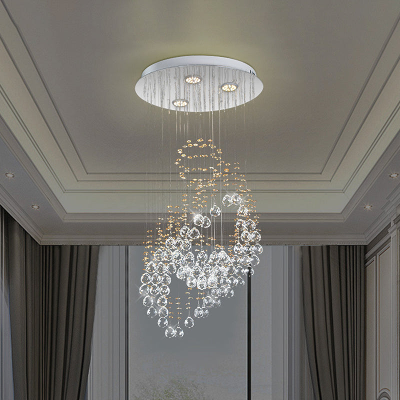 Leaf Shaped Led Pendant With Crystal Balls For Modern Bedroom Lighting