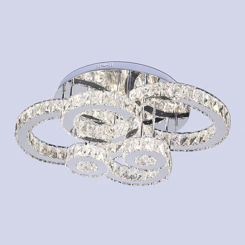 Contemporary Led Ceiling Light With Crystal Multi - Rings And Stainless Steel Finish For Bedrooms