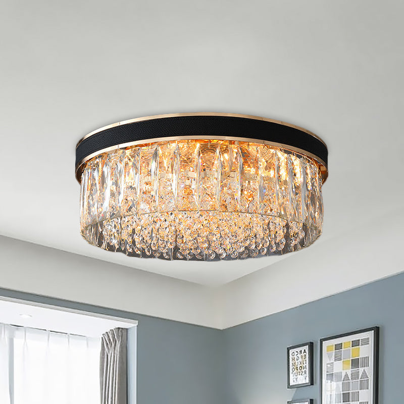 Modern Black Crystal 5-Light Drum Flush Mount For Bedroom Ceiling
