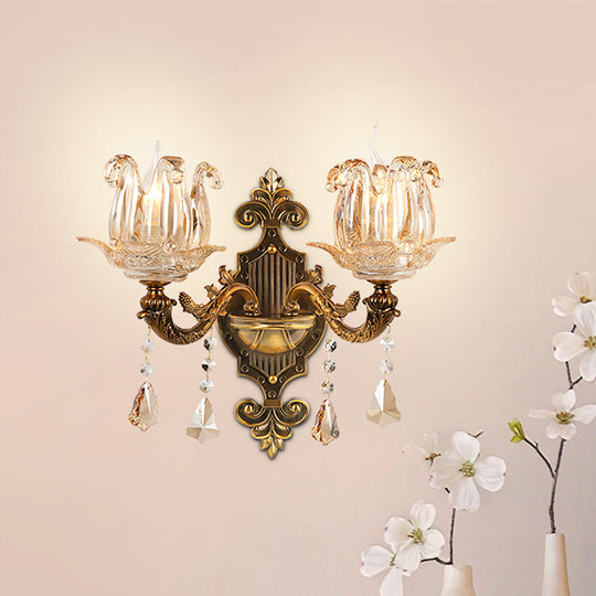 Traditional Brass Crystal Flower Wall Sconce For Hallway Half-Light And Antiqued Finish
