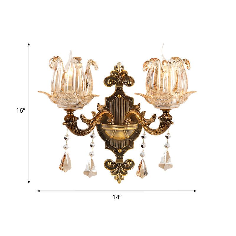 Traditional Brass Crystal Flower Wall Sconce For Hallway Half-Light And Antiqued Finish