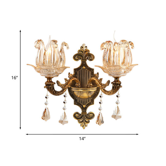 Traditional Brass Crystal Flower Wall Sconce For Hallway Half-Light And Antiqued Finish