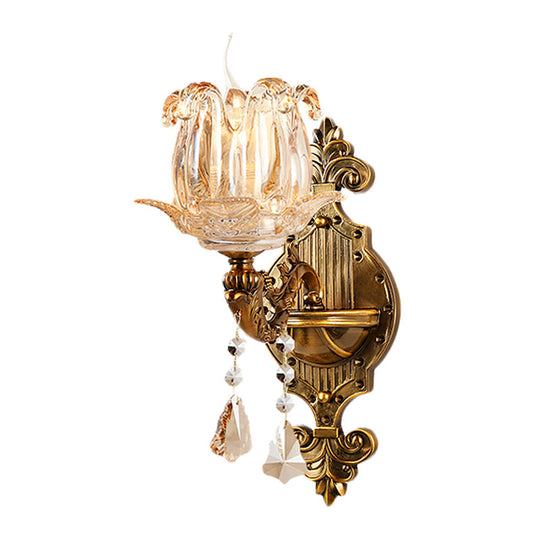 Traditional Brass Crystal Flower Wall Sconce For Hallway Half-Light And Antiqued Finish