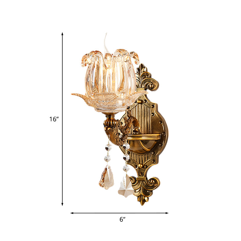 Traditional Brass Crystal Flower Wall Sconce For Hallway Half-Light And Antiqued Finish