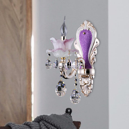 Modern Frosted Glass Purple Wall Sconce Light With Teardrop Crystal Drops - Ruffle Design
