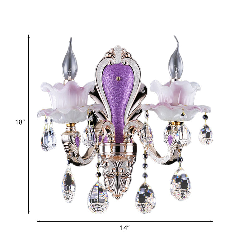 Modern Frosted Glass Purple Wall Sconce Light With Teardrop Crystal Drops - Ruffle Design