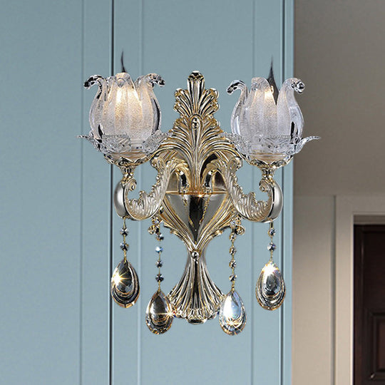 Traditional Gold Semi-Open Flower Frosted Glass Sconce For Living Room Wall. 2 /