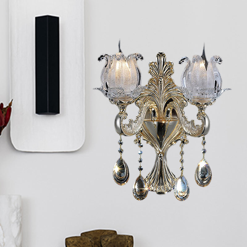 Traditional Gold Semi-Open Flower Frosted Glass Sconce For Living Room Wall.