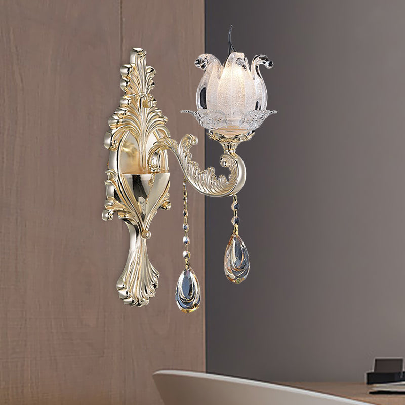 Traditional Gold Semi-Open Flower Frosted Glass Sconce For Living Room Wall. 1 /