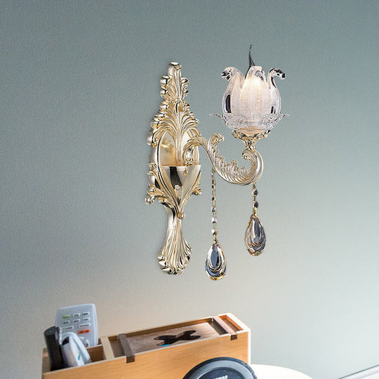 Traditional Gold Semi-Open Flower Frosted Glass Sconce For Living Room Wall.