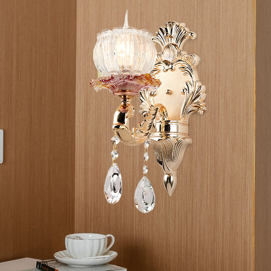 Gold Scalloped Dome Crystal Wall Sconce Light - Postmodern Bedside Accent