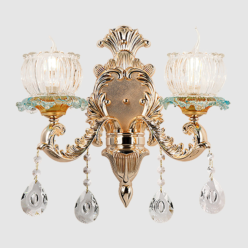 Traditional 2-Light Crystal Wall Mount Lamp In Gold - Elegant Restaurant Lighting
