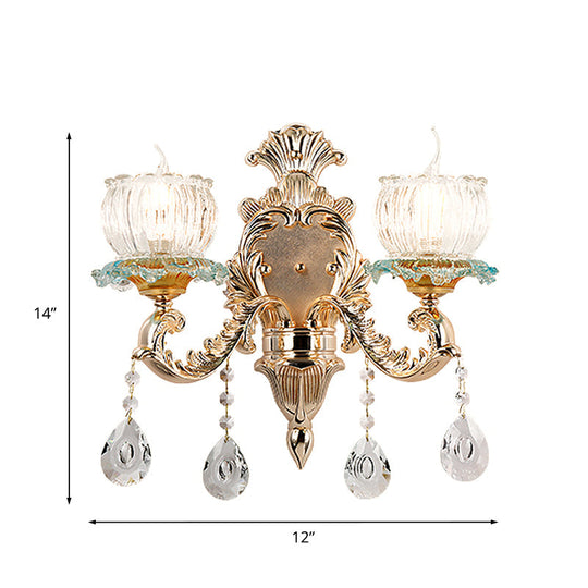 Traditional 2-Light Crystal Wall Mount Lamp In Gold - Elegant Restaurant Lighting
