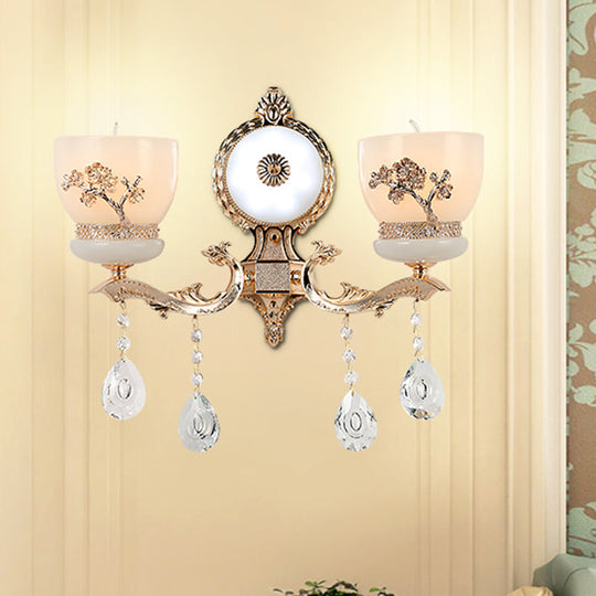 Rustic Gold Wall Sconce With Flower-Embossed Bowl And Frosted Glass - Crystal Accent 2 /