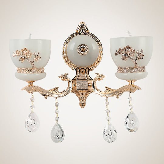 Rustic Gold Wall Sconce With Flower-Embossed Bowl And Frosted Glass - Crystal Accent