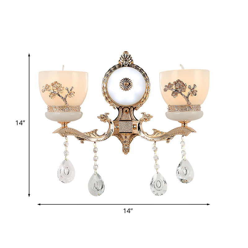Rustic Gold Wall Sconce With Flower-Embossed Bowl And Frosted Glass - Crystal Accent