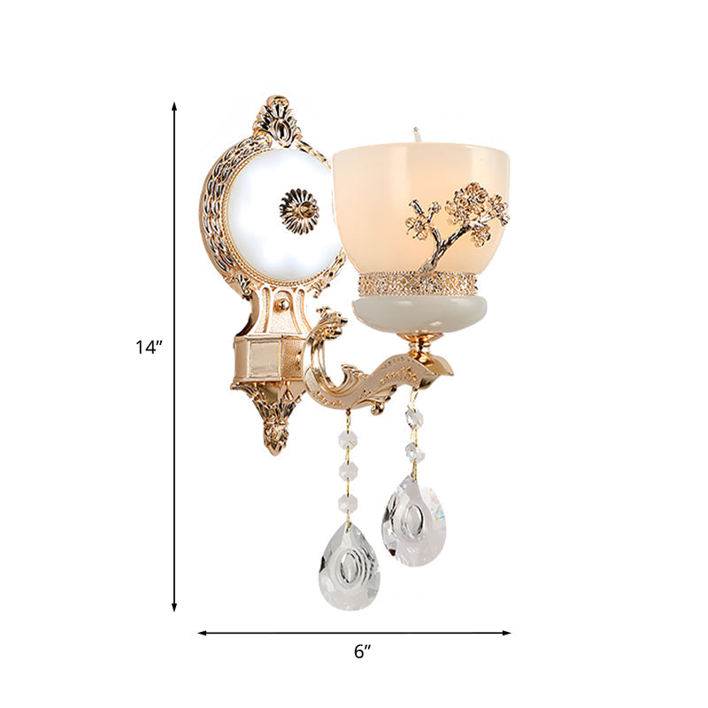 Rustic Gold Wall Sconce With Flower-Embossed Bowl And Frosted Glass - Crystal Accent