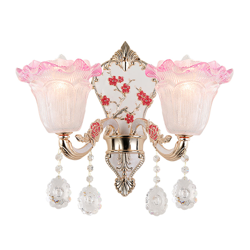 Ruffle Glass Sconce Lamp With Crystal Accents - Modern Pink-White Wall Light Fixture (2 Pack)