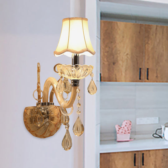 Traditional Amber Glass Candle Wall Sconce With Scalloped Fabric Shade - Bedroom Lighting 1 /
