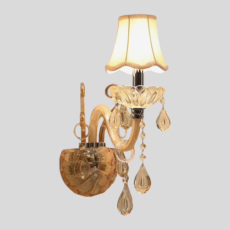 Traditional Amber Glass Candle Wall Sconce With Scalloped Fabric Shade - Bedroom Lighting
