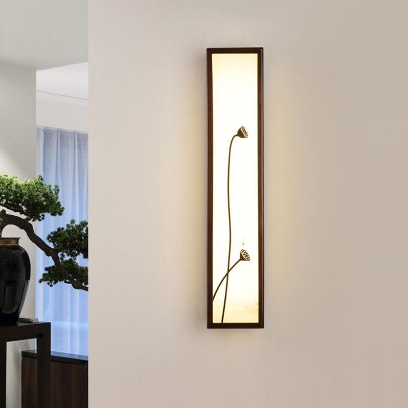 Chinese Style Led Wall Mural Lamp - Acrylic Brown Rectangle Mounted Light With Lotus/Leaf Pattern /