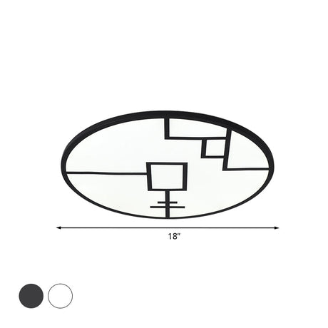 Modern Round Flush Mount Led Bedroom Light In White/Black Metallic With Pattern