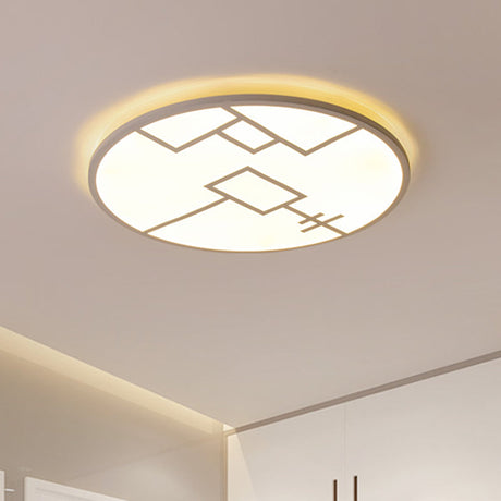 Modern Round Flush Mount Led Bedroom Light In White/Black Metallic With Pattern