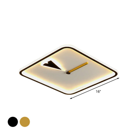 Modern Acrylic Led Bedroom Flushmount With Clock Design - Round/Square Black/Gold