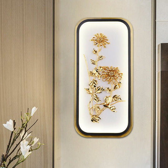 Metallic Gold Led Wall Mounted Light Fixture - Oriental Style Plum Blossom Mural Design