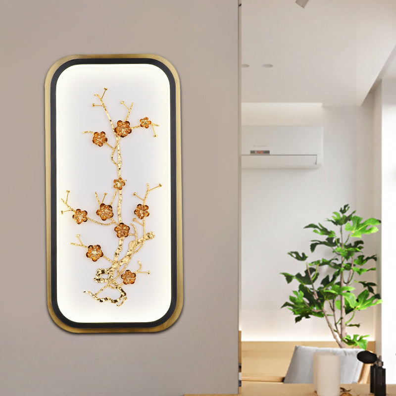 Metallic Gold Led Wall Mounted Light Fixture - Oriental Style Plum Blossom Mural Design
