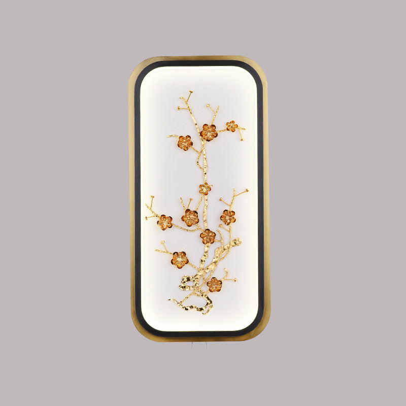 Metallic Gold Led Wall Mounted Light Fixture - Oriental Style Plum Blossom Mural Design