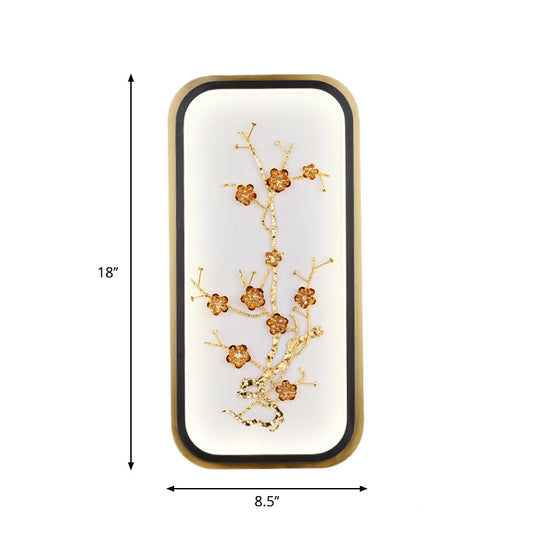 Metallic Gold Led Wall Mounted Light Fixture - Oriental Style Plum Blossom Mural Design
