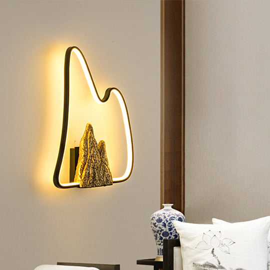 Geometric Ironic Mural Light: Led Oriental Black-Gold Wall Lamp With Mountain Pattern