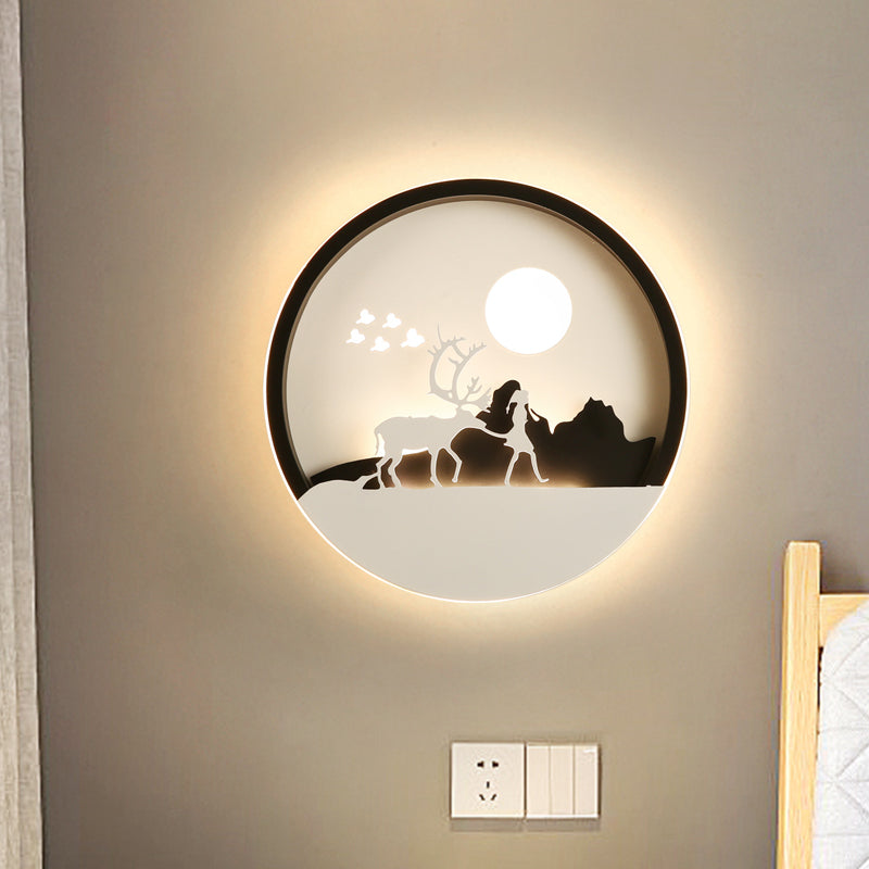 Circular Acrylic Wall Lamp With Elk Deer Pattern In Minimal Black - Led Mount Light