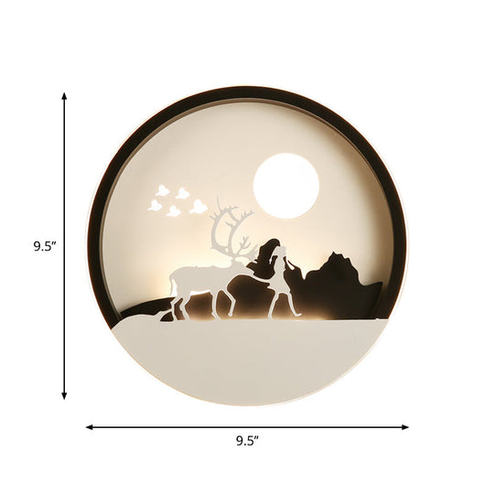 Circular Acrylic Wall Lamp With Elk Deer Pattern In Minimal Black - Led Mount Light