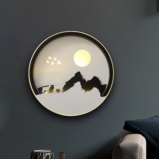 Modern Black Acrylic Led Wall Mount Lamp With Mountain And Sun Pattern For Living Room