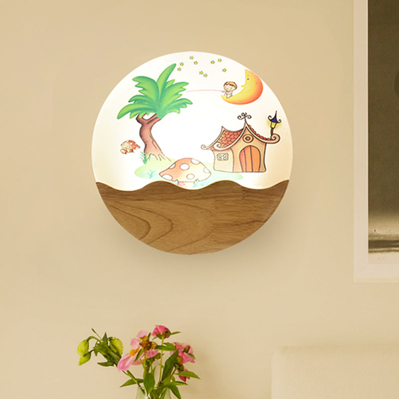 Rounded Wood House And Tree Wall Light With Led Acrylic Mural For Corridor