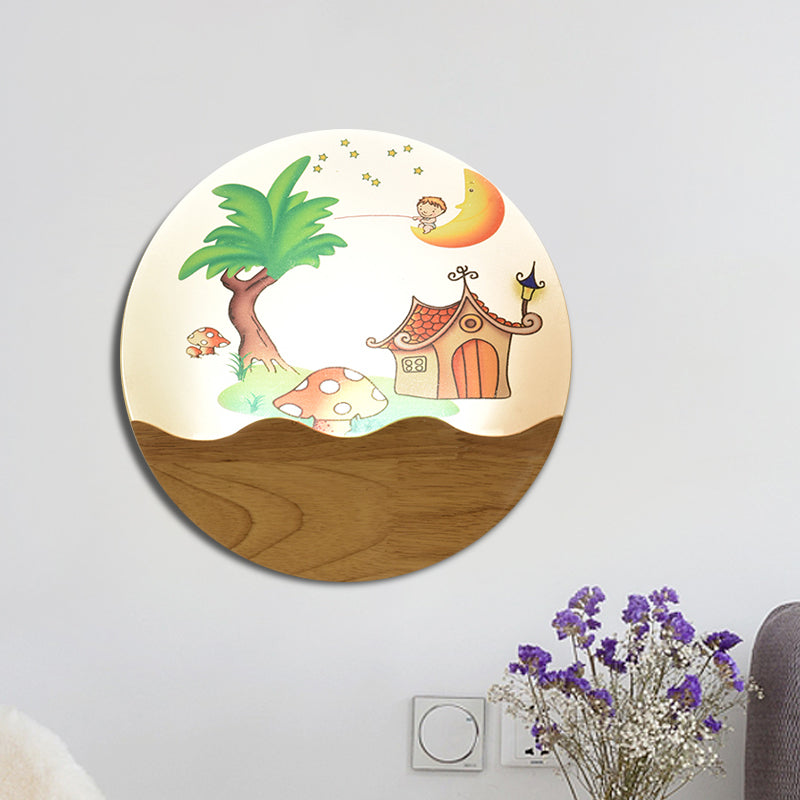 Rounded Wood House And Tree Wall Light With Led Acrylic Mural For Corridor