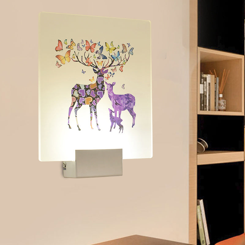 Square Led Wall Mount Light In Simple Style - Purple/Pink/Yellow With Deer/Blossom/Tree Pattern For