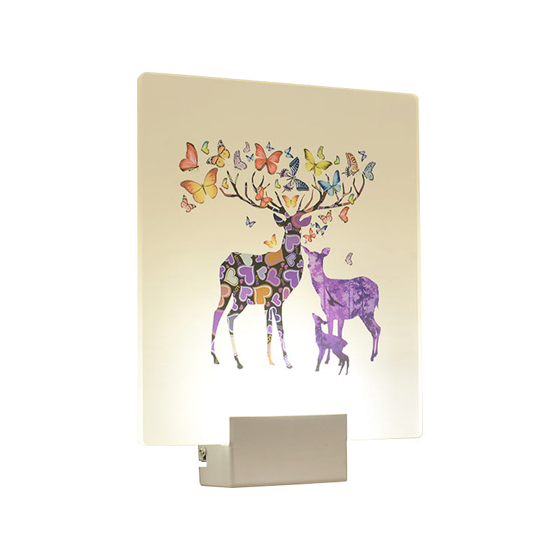 Square Led Wall Mount Light In Simple Style - Purple/Pink/Yellow With Deer/Blossom/Tree Pattern For