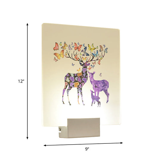 Square Led Wall Mount Light In Simple Style - Purple/Pink/Yellow With Deer/Blossom/Tree Pattern For