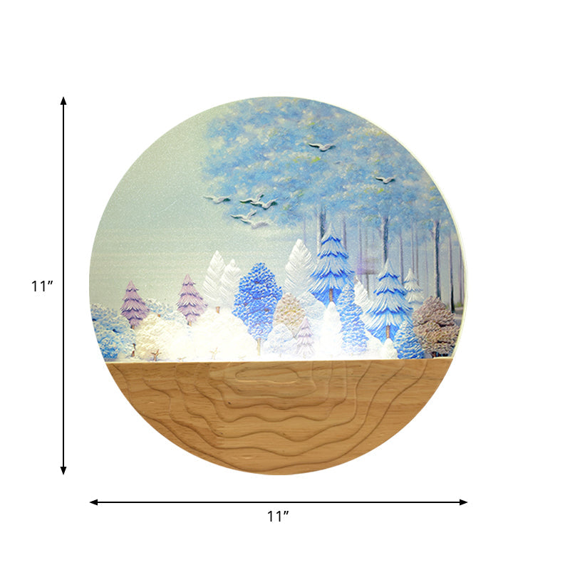 Minimalist Wood-Mounted Led Wall Mural Lamp With Acrylic Circular Shape Tree/Elk Pattern