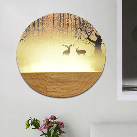 Minimalist Wood-Mounted Led Wall Mural Lamp With Acrylic Circular Shape Tree/Elk Pattern Wood / Elk