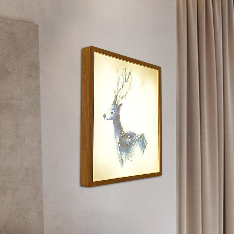 Minimalist Led Wood Wall Mounted Mural Lamp With Deer Pattern - 12/16 Metallic Square Width