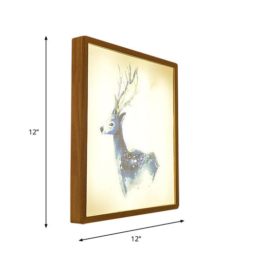 Minimalist Led Wood Wall Mounted Mural Lamp With Deer Pattern - 12/16 Metallic Square Width
