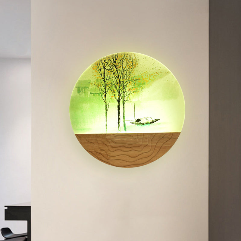 Round Metal Wall Mural Light 9.5/11 Wide Asia Style Led Wood Mounted Lighting With Boat And Tree