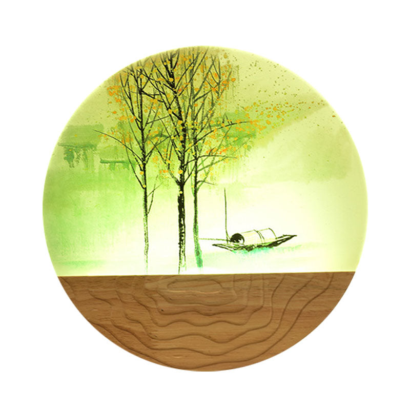 Round Metal Wall Mural Light 9.5/11 Wide Asia Style Led Wood Mounted Lighting With Boat And Tree