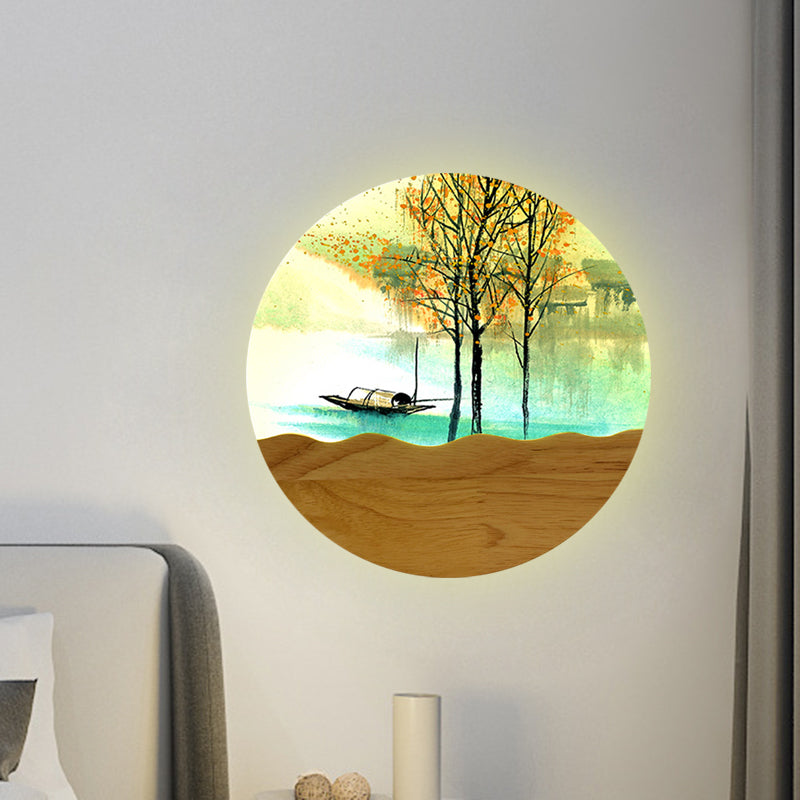 Round Metal Wall Mural Light 9.5/11 Wide Asia Style Led Wood Mounted Lighting With Boat And Tree